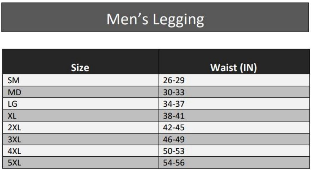 The image shows the size chart for the Seraphina Safety Apparel Men's FR Tech Cool Down Flame-Resistant Base Legging.